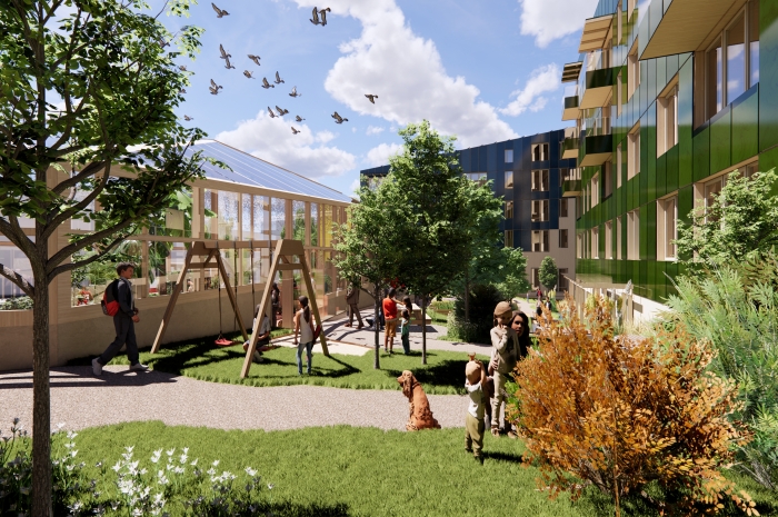 Furuset Village er et Reinventing Cities-prosjekt utviklet av OBOS Nye hjem, LPO arkitekter, SLA landskapsarkitekter, Bollinger+Grohmann, zero emission studio.